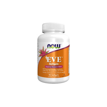 A bottle of Now Foods Eve Women's Multiple Vitamin, featuring 90 softgels with an orange label, formulated to support women's skin, hair, and nail health.